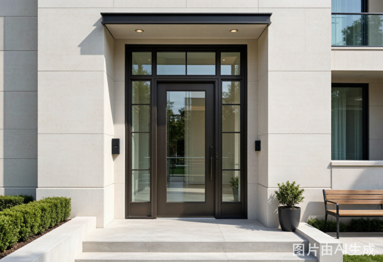 Aluminum front door installed on modern residential building in China with glass panel and side lites