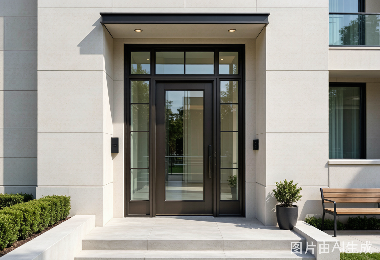 Aluminum front door installed on modern residential building in China with glass panel and side lites