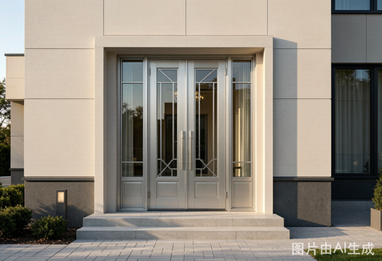 Modern aluminum exterior entrance doors installed on luxury residential building in China - double door with thermal break frame and glass panels