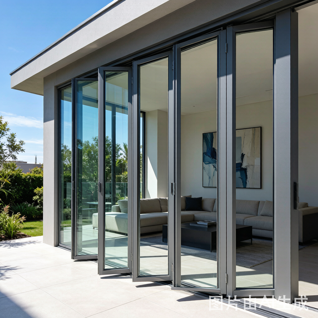 Accordion door aluminum folding system installed in modern residential building in China - thermal break frame with double glass