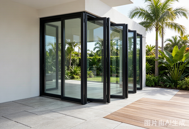 Aluminum folding door installed on modern residential patio in China - thermal break frame with double glazing