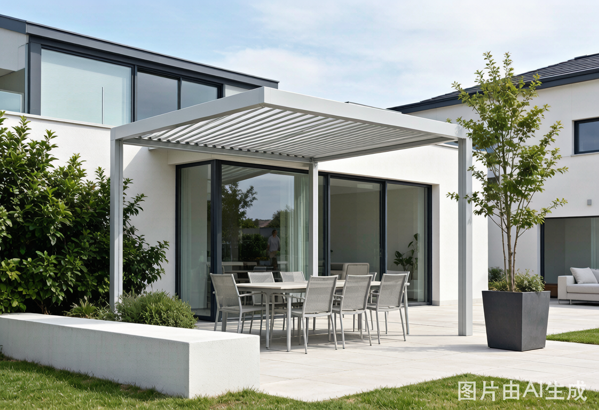 Aluminum pergola installed in residential garden in Foshan China - adjustable louvered roof and outdoor dining space