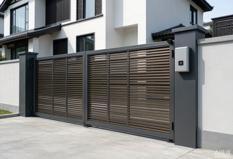 Aluminum sliding gate installed on residential driveway in China - louvered metal gate design by ROGENILAN manufacturer