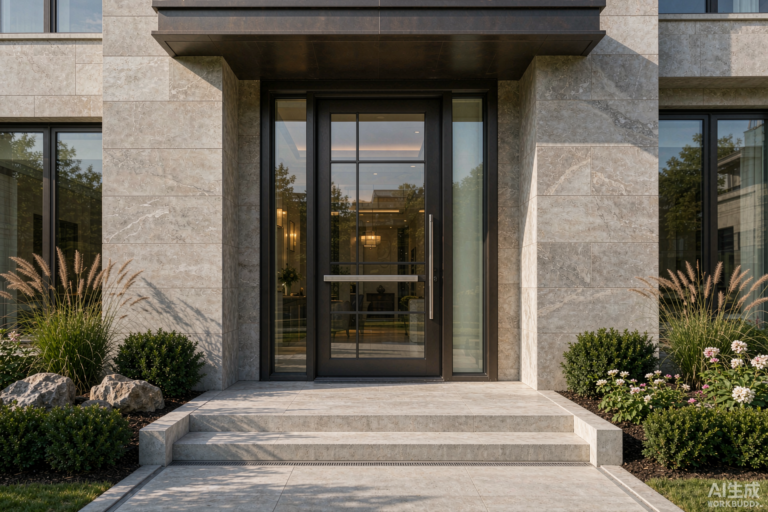 Aluminum entrance door manufactured in China installed at a modern villa main entrance - 90mm thermal break frame with Low-E tempered glass sidelight