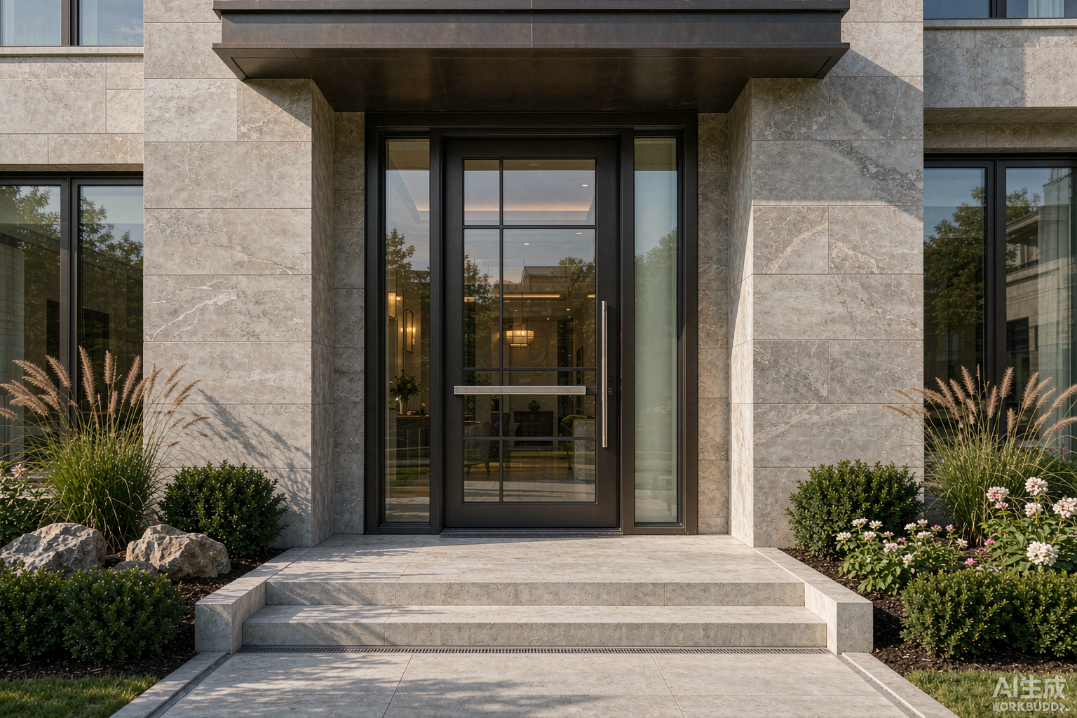 Entrance Door Manufacturer in China - Aluminium Pivot Main Entrance Door Aluminum entrance door manufactured in China installed at a modern villa main entrance - thermal break frame with tempered glass sidelight