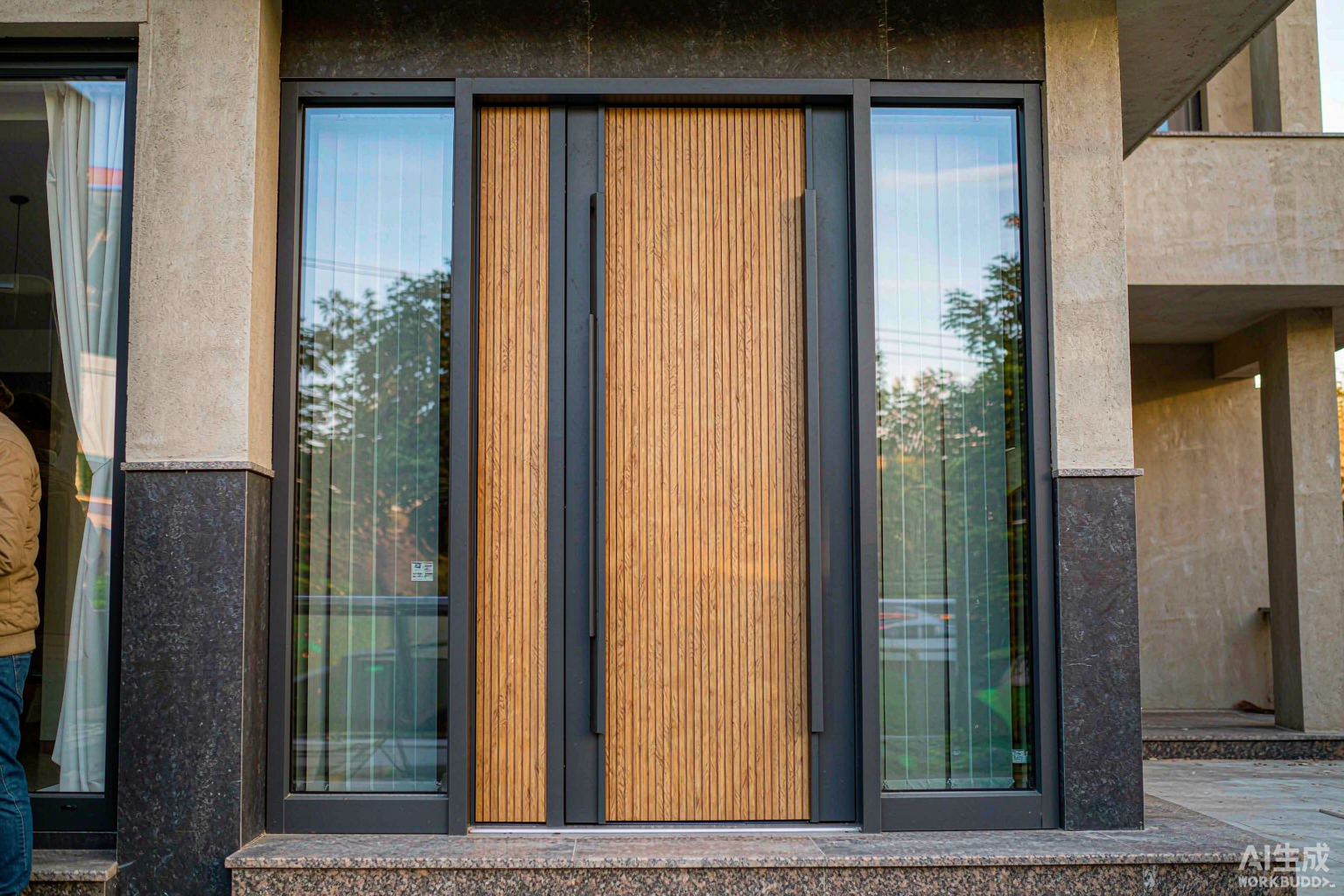 Aluminum entry door installed on a modern residential villa in China - thermal break frame with tempered glass side panels