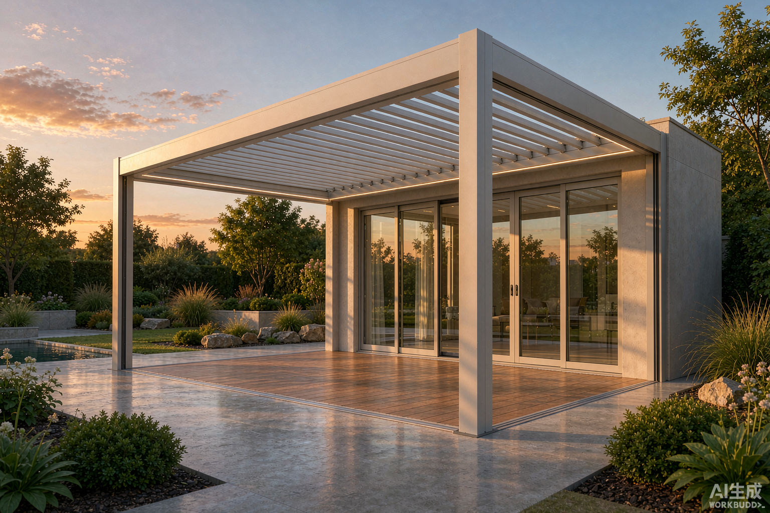 Aluminum gazebo pergola outdoor structure installed in residential garden in China - thermal break frame with sliding glass door panels