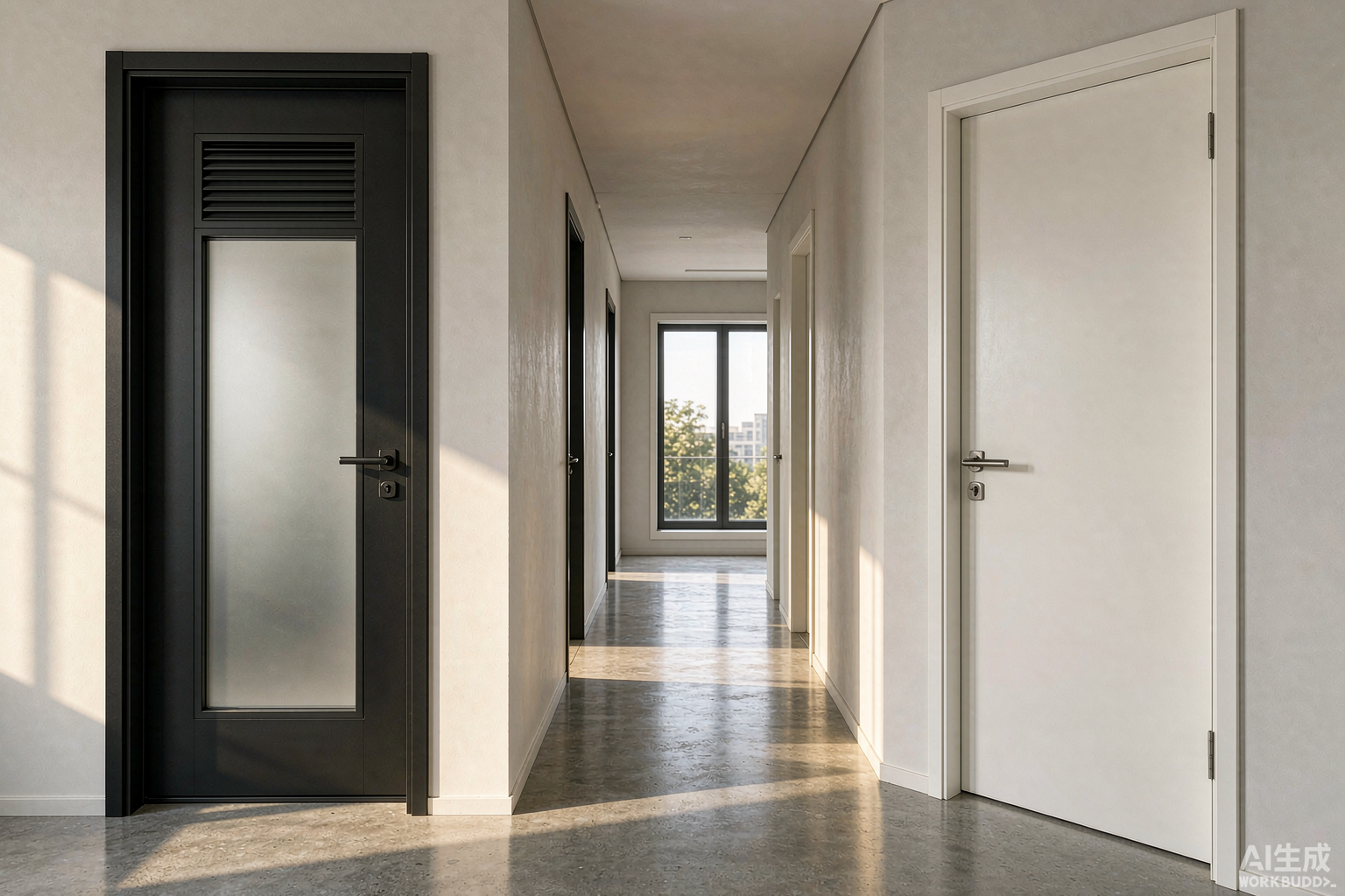 Aluminum interior doors installed in modern apartment in China - thermal break frame bathroom and bedroom doors with frosted glass panel