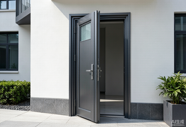 Aluminum security door installed on residential building in China - steel core with multi-point lock system
