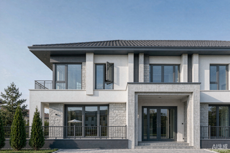Aluminium windows and doors installed on a modern villa in China - thermally broken aluminum window frame with double glazed panels