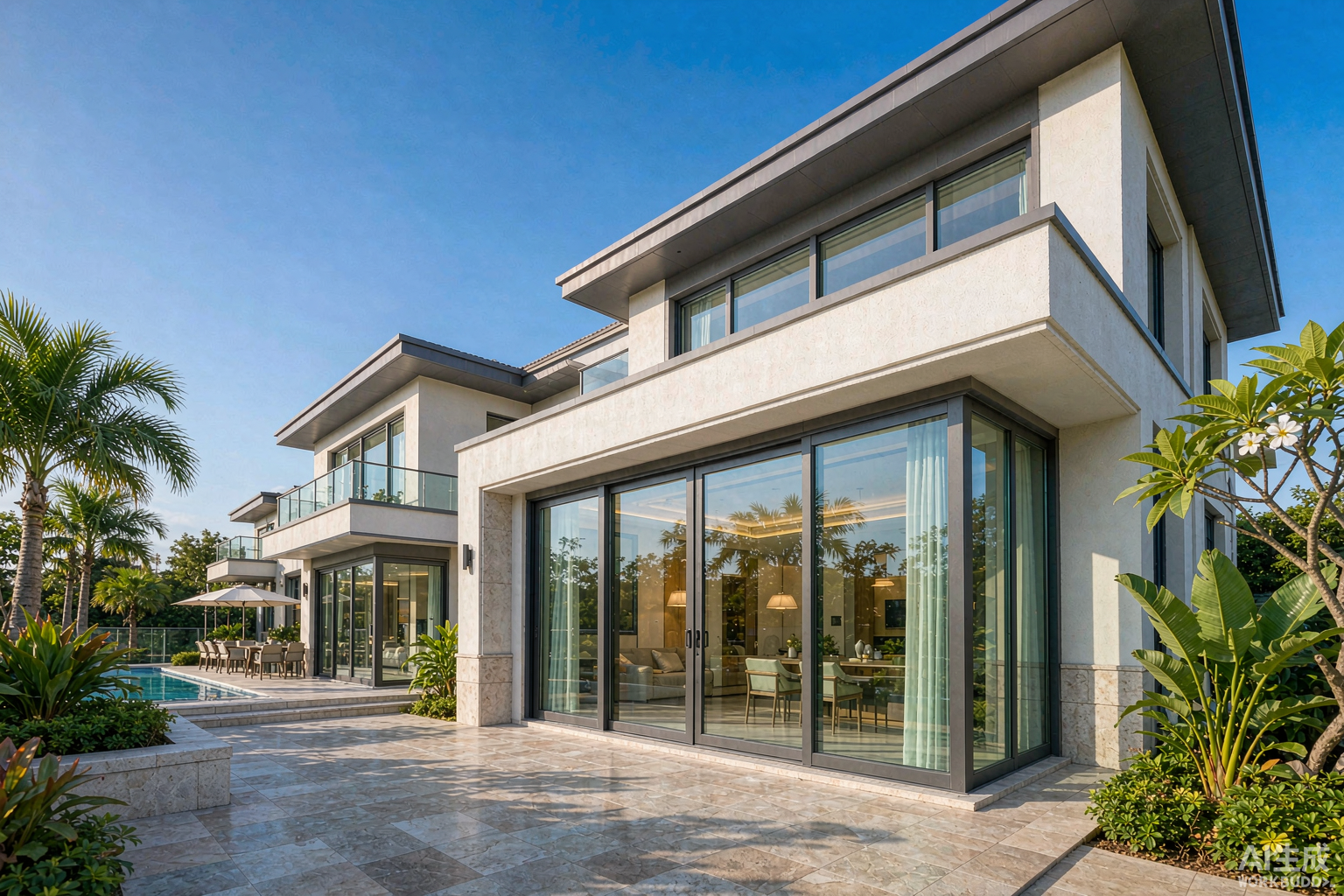 Aluminum doors and windows (门窗) on a modern villa facade in Foshan Guangdong China - thermal break aluminium frames with double glazing