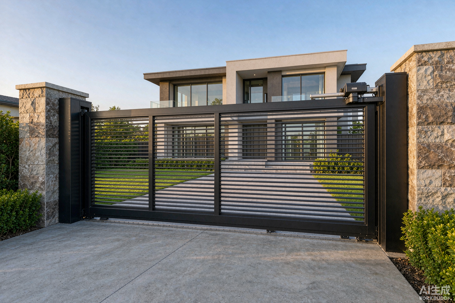 Aluminum driveway gate installed at a residential entrance in China - horizontal slat infill, powder coated frame and automatic gate operator