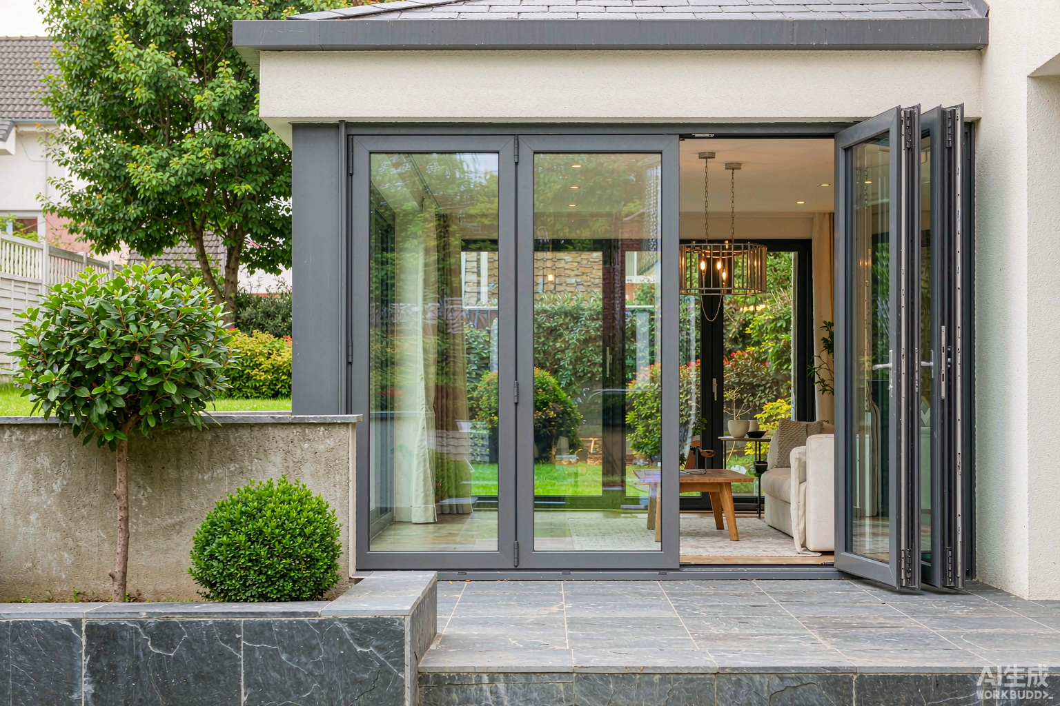 Aluminium folding door system installed on a modern residential building in China - thermally broken bifold panels with double glazing opening to a stone terrace