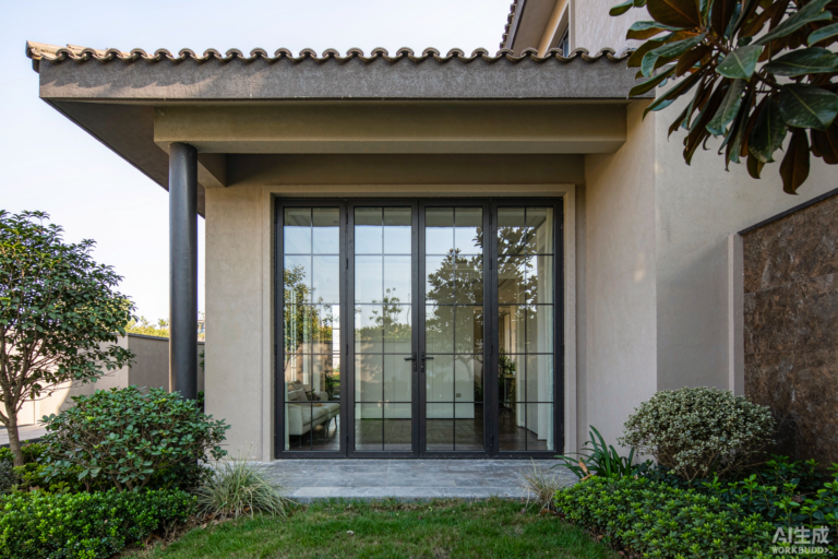 French doors installed on a modern residential villa in China - aluminum thermal-break double-leaf glazed doors opening to patio