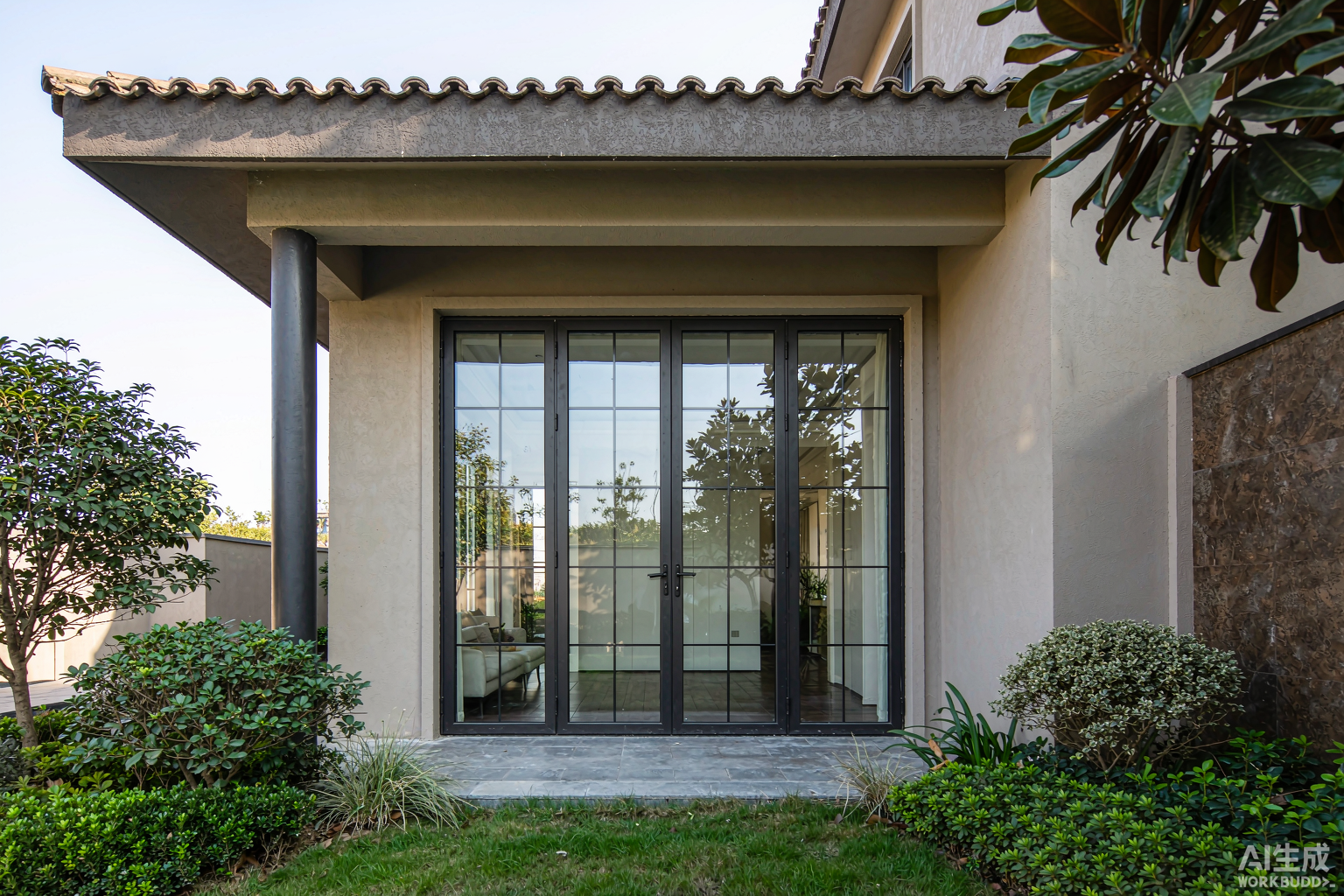 French doors installed on a modern residential villa in China - aluminum thermal-break double-leaf glazed doors opening to patio