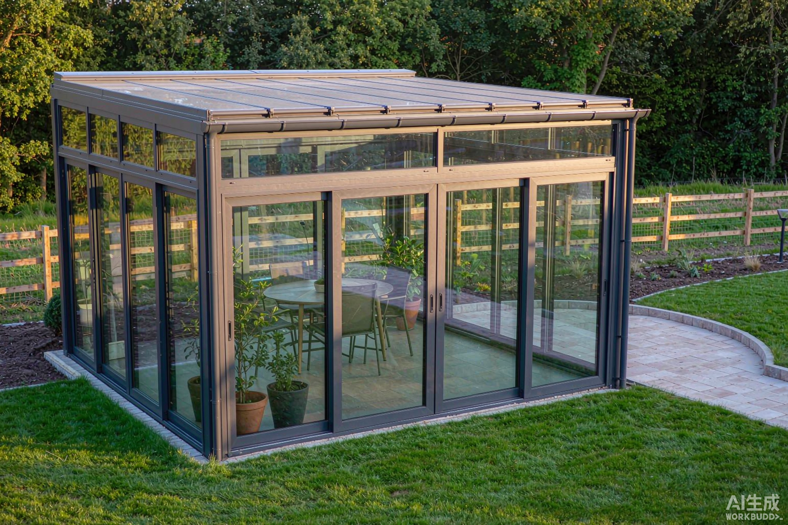 Aluminum frame garden buildings with double glazed glass installed in a landscaped backyard, supplied from China