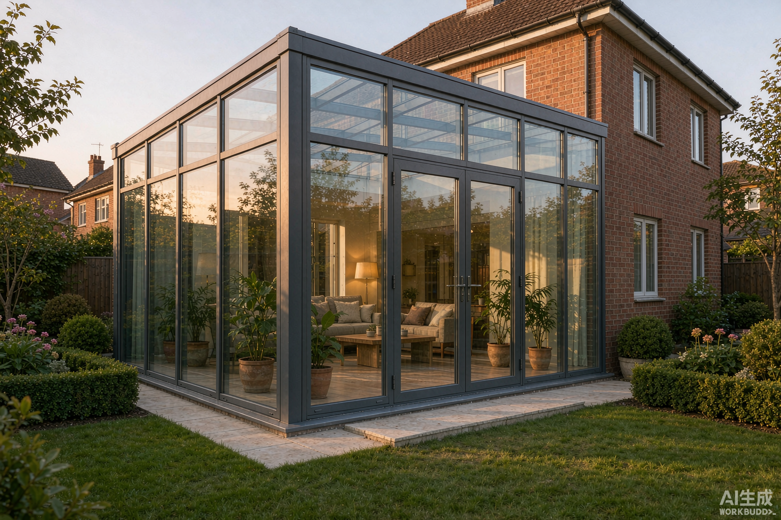 Aluminum glass garden room with double glazing installed on a residential house in China - thermal break frame and insulated glass roof