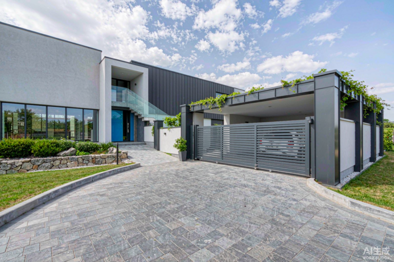 Automatic aluminum driveway gates installed at a modern villa entrance in China - powder-coated horizontal slat sliding gate