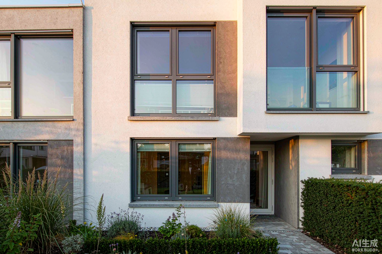 Aluminum house windows on a two-storey residential building - dark grey thermal break frames with ground floor picture windows and upper floor double hung windows