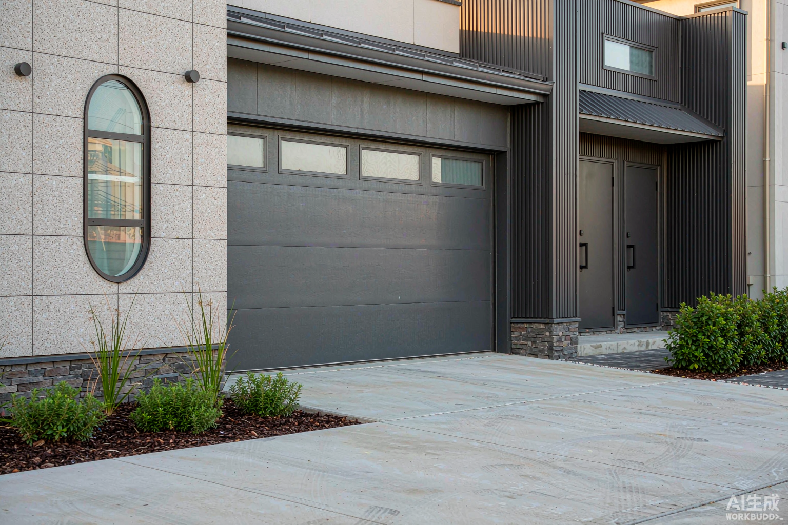 Insulated garage door with aluminum sandwich panels and frosted insulated glass top section installed on a suburban house in China - sectional overhead door, 16x7 double car size