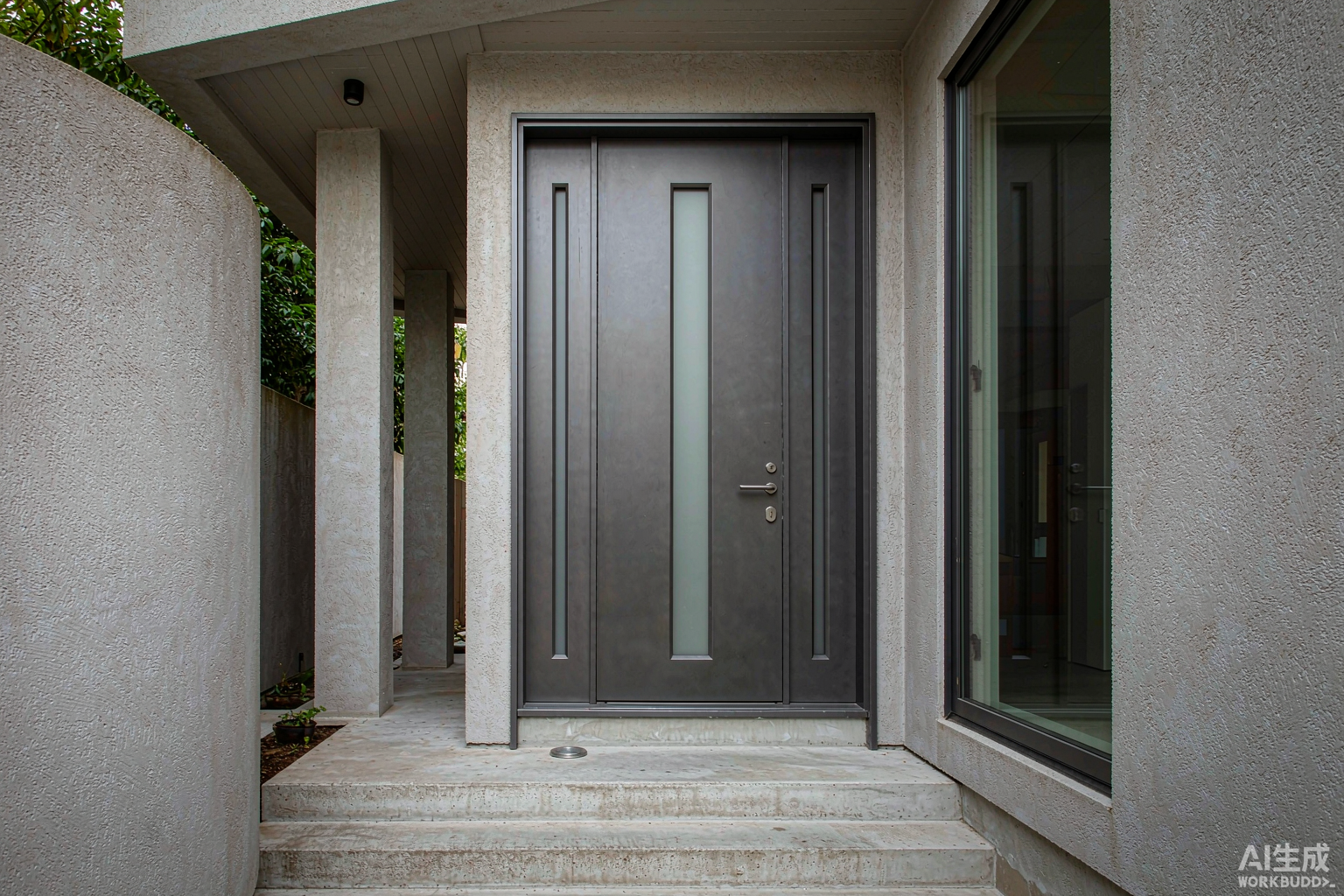 Aluminum metal door for houses installed on a modern residential facade in China - powder-coated thermal-break panel door with vertical glazed insert
