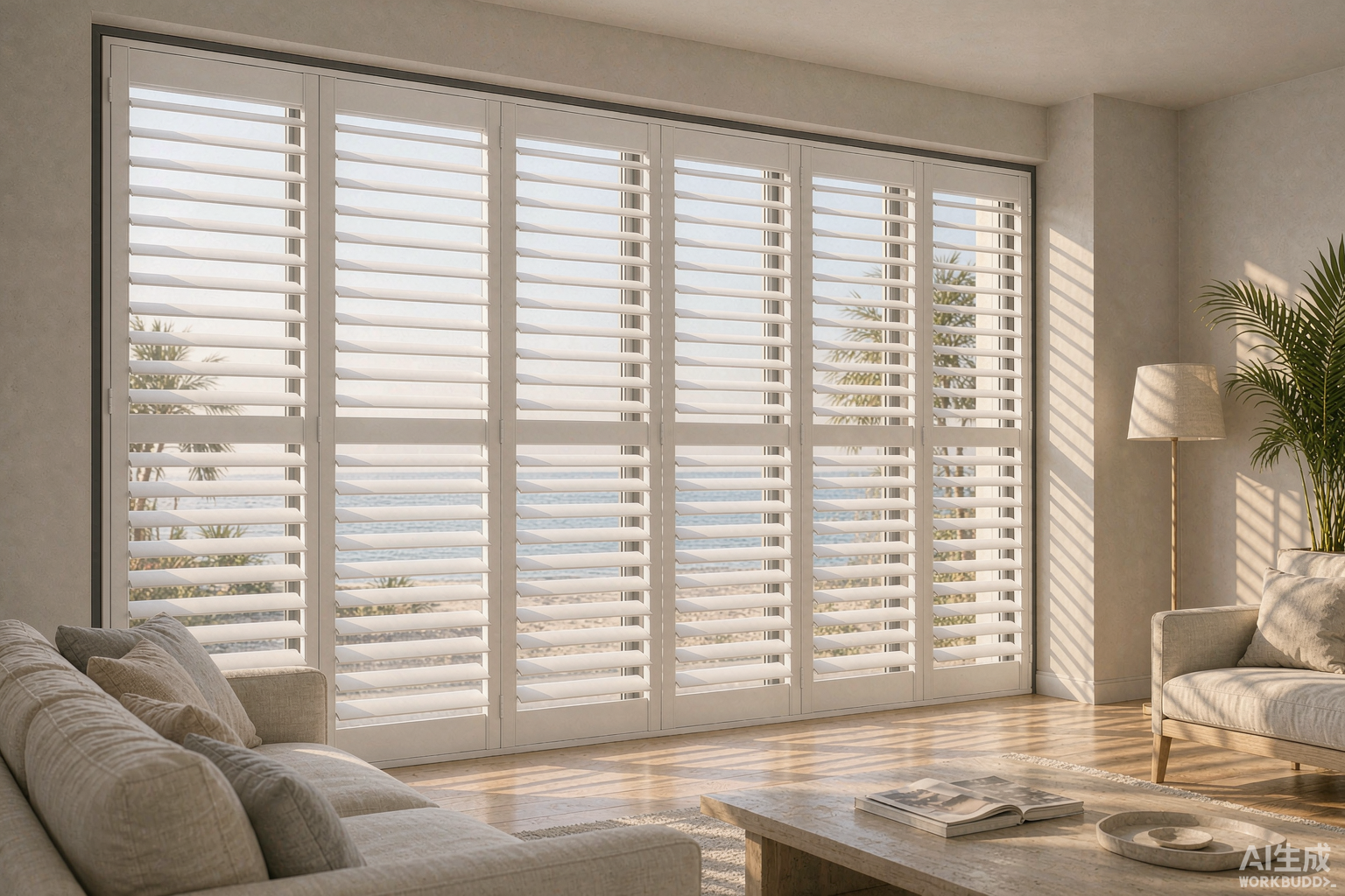 Aluminum plantation shutters with adjustable louvers installed on a living room window in China - white powder coated frame