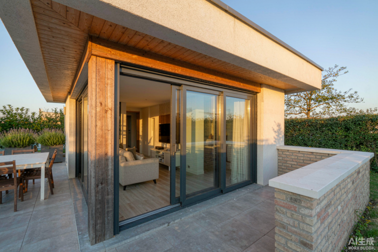 Aluminium porte patio installed on a French house terrace in China - thermally broken sliding patio door with slim dark grey frames and double glazing