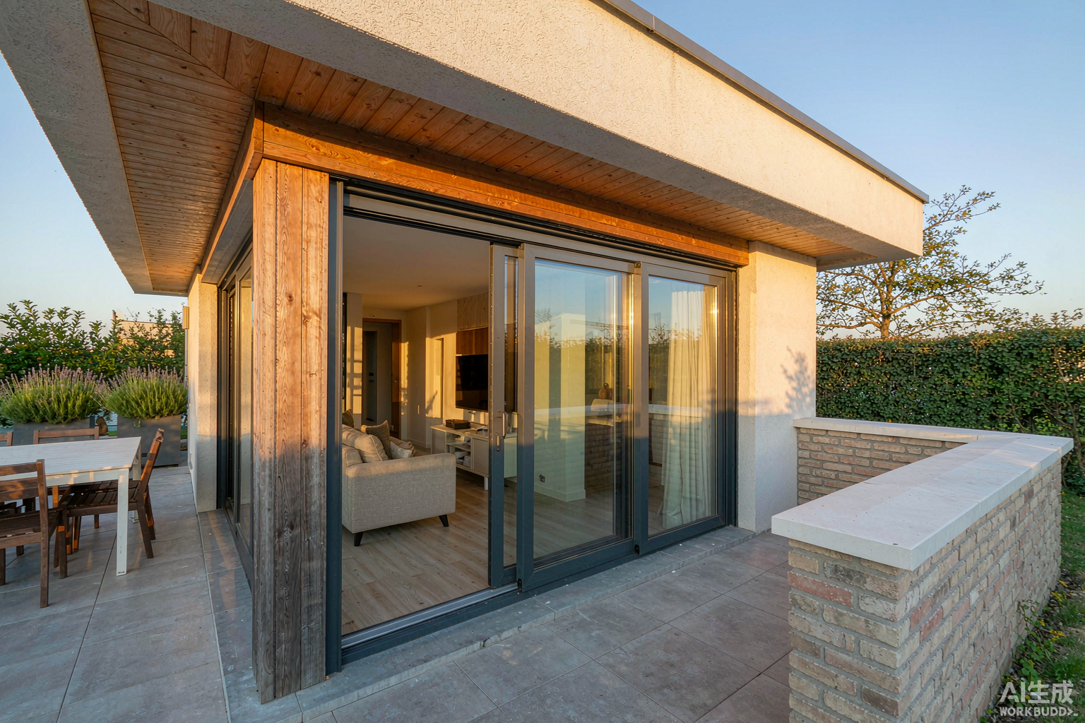 Aluminium porte patio installed on a French house terrace in China - thermally broken sliding patio door with slim dark grey frames and double glazing