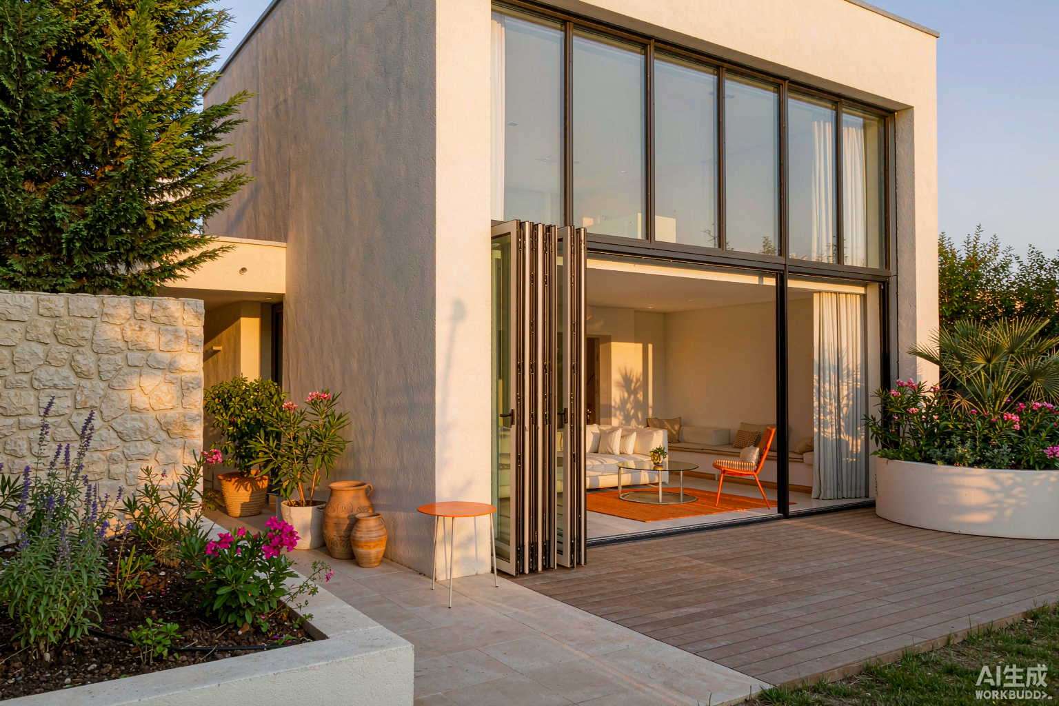 Puerta acordeon (aluminum accordion folding door) installed on a modern villa in China — thermal break frame with double glazing