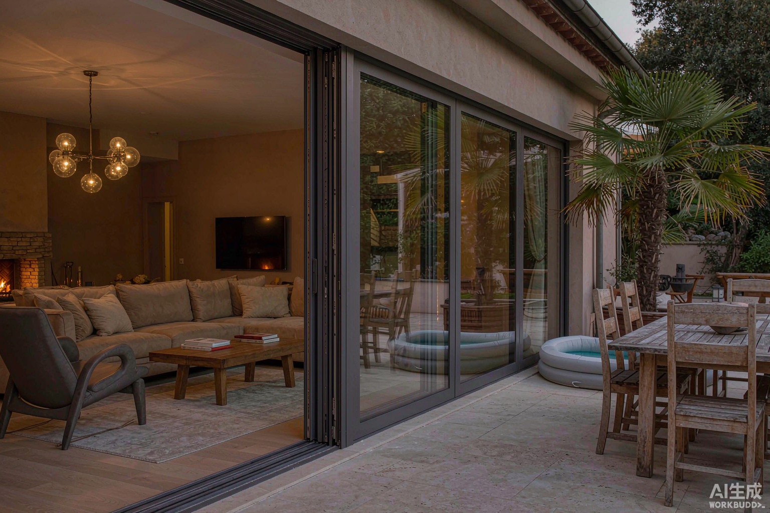 Puerta plegable de aluminio installed on a Mediterranean villa in a China export project - thermally broken aluminum folding glass door fully open to the terrace