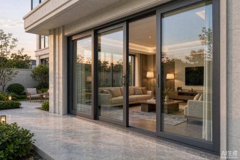 Aluminum sliding patio door installed on a residential villa terrace in China - thermal break frame with large double glazed panels