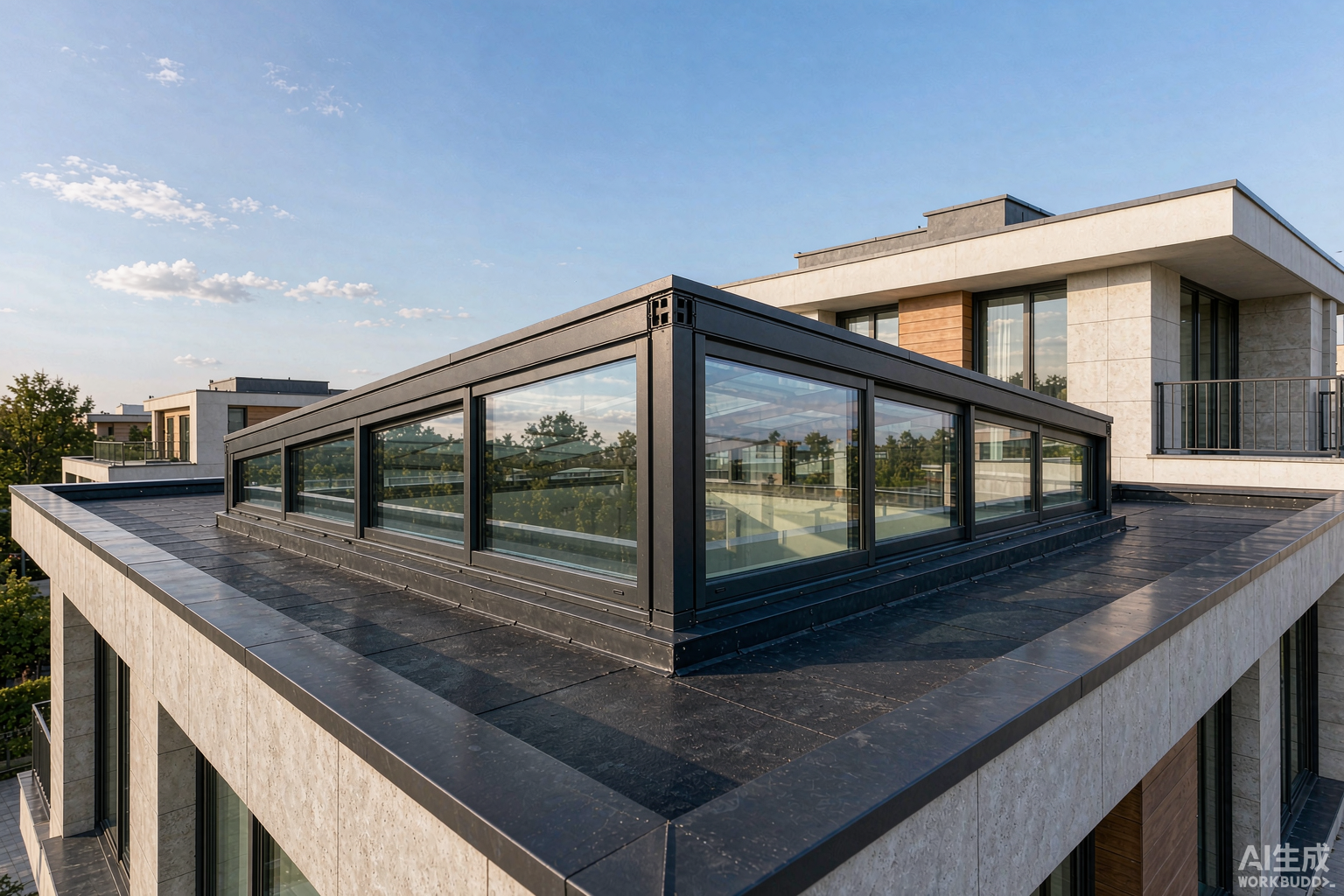 Aluminum skylight roof window installed on modern flat-roof villa in China - thermal break frame with double glazed glass