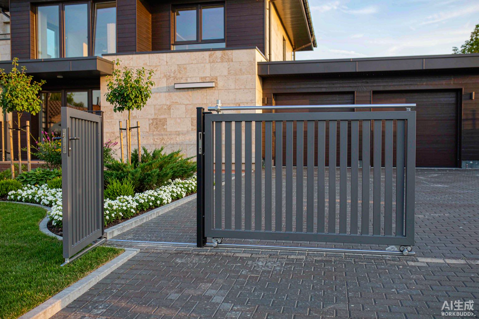 Aluminum sliding gate installed at a residential driveway in China - powder-coated aluminium frame with stainless steel track