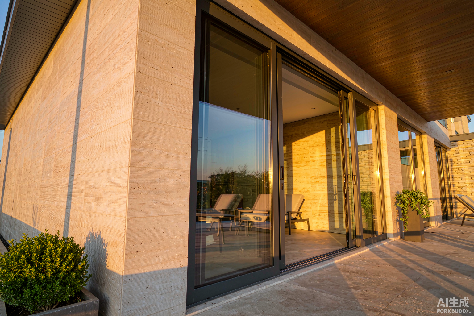 Aluminum sliding glass doors installed on a modern villa in China - three-panel multi-track thermal break system with low-E double glazing and flush floor track
