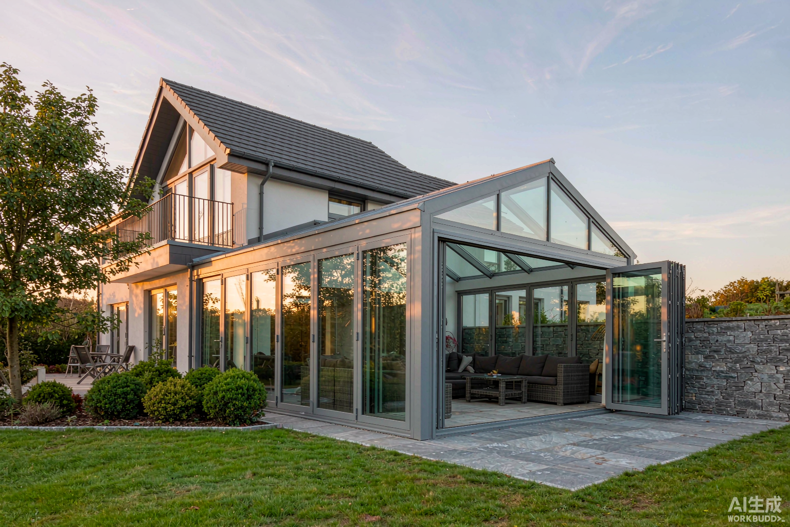 Sun room attached to modern house in Foshan China - aluminum frame outdoor glass room