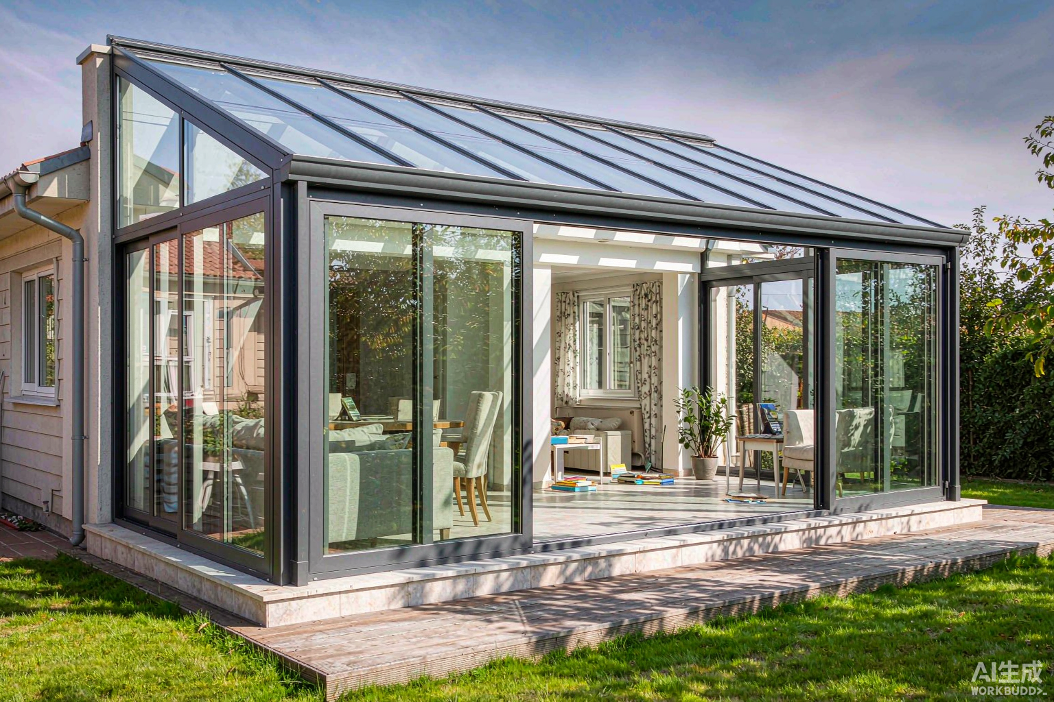 Four season aluminum sunroom with double glazed glass panels attached to a house in China - thermally broken frames and insulated glass roof