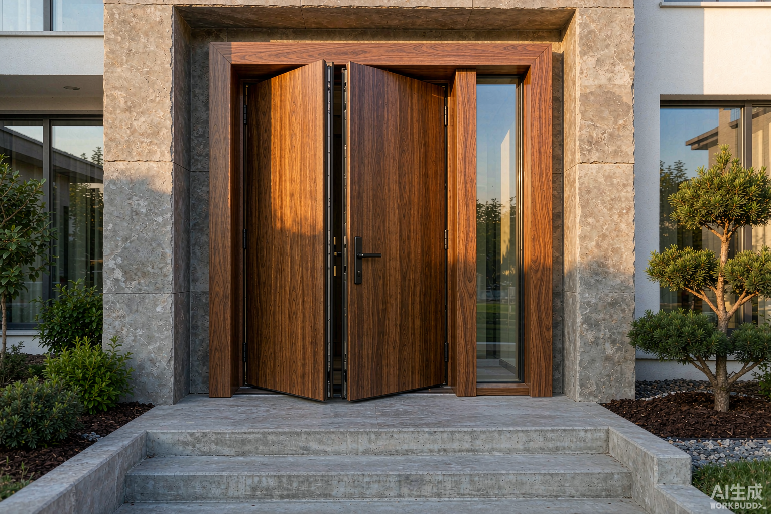 Wooden door wholesale China - wood grain aluminum entry door with thermal break frame installed on residential house main entrance
