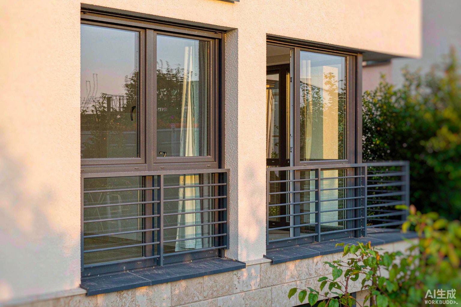 Fenêtre aluminium installed on a French residential building facade - slim dark grey thermal-break aluminium frames with large double-glazed panes