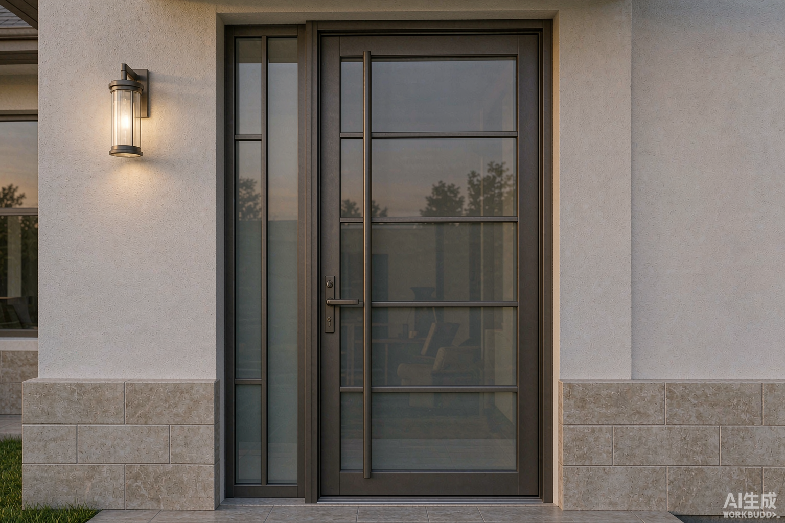 Aluminum front entry doors installed on a modern residential house in China - thermal break entry door with vertical glazed sidelight and flush threshold