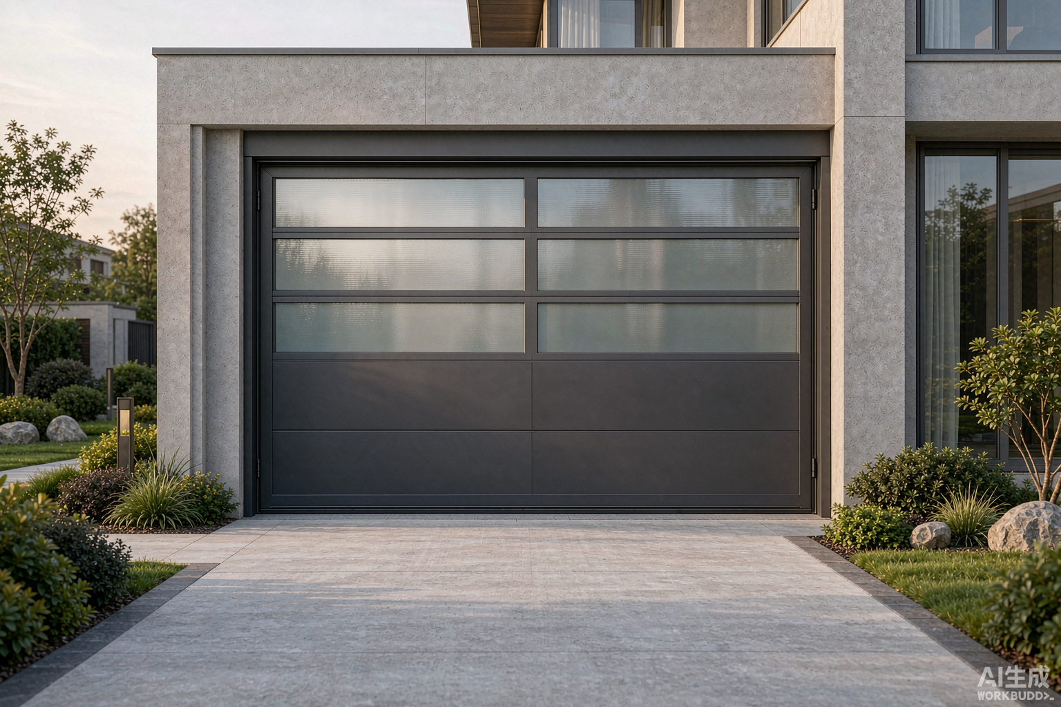 Aluminum sectional garage door with frosted glass panels installed on a modern residential house in China - ROGENILAN thermal break frame