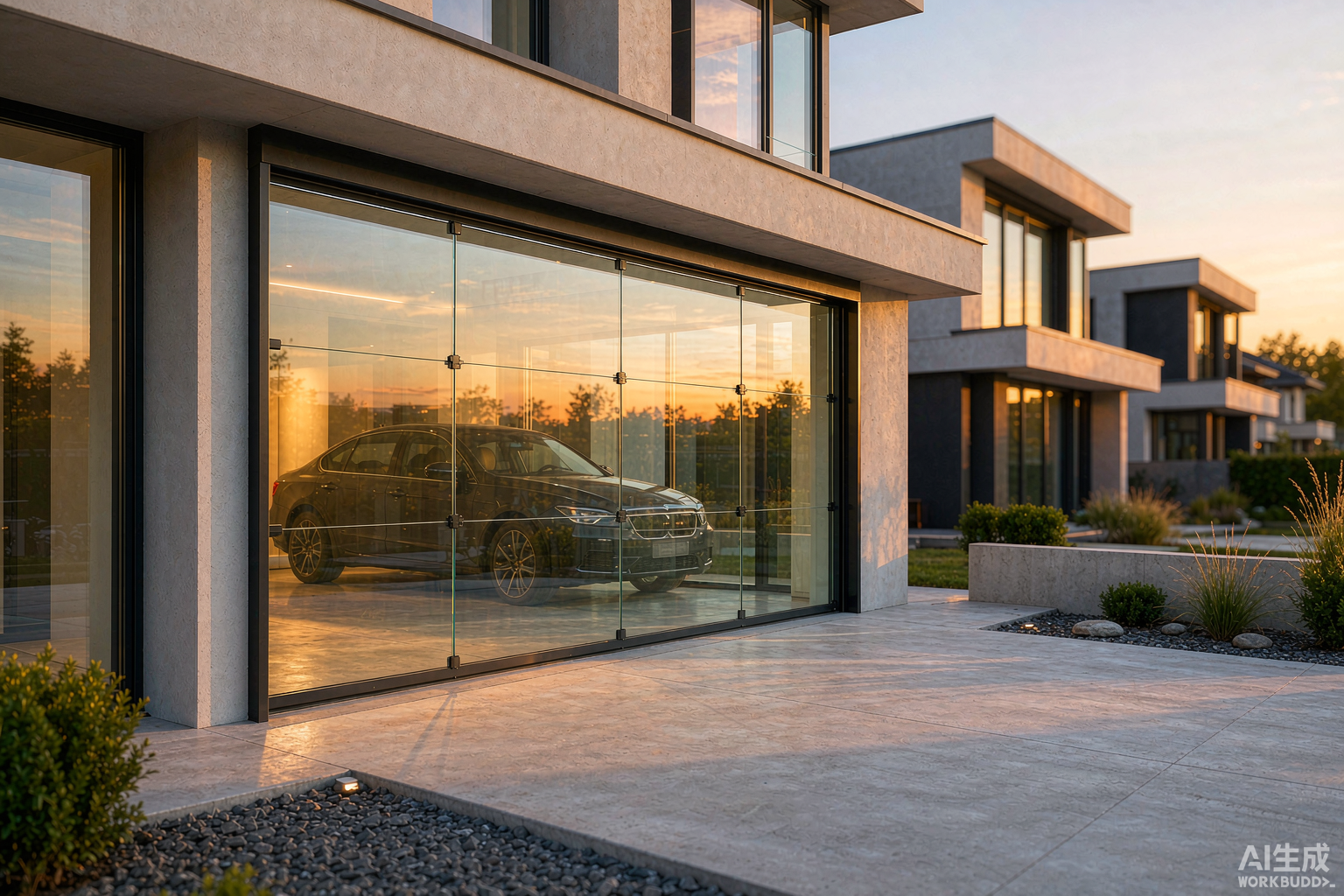 Full view frameless glass garage door with black aluminium frame and clear tempered glass panels on a modern house in China - residential aluminium garage door installation