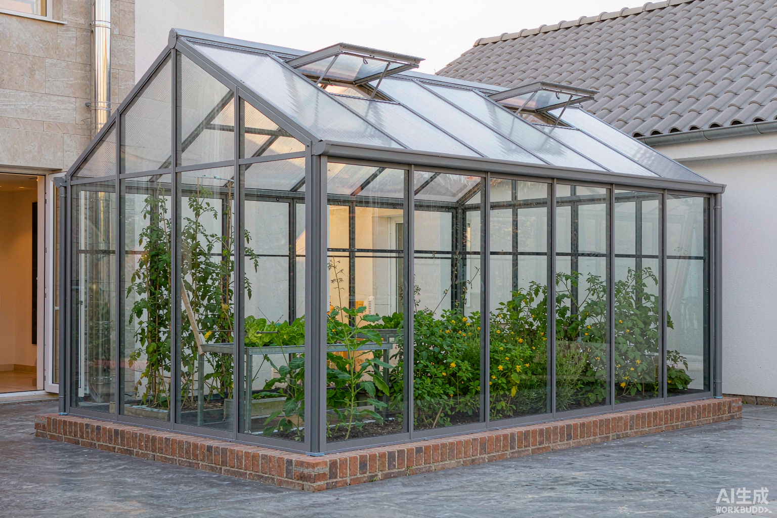 Aluminium green house with tempered glass walls and twin-wall polycarbonate roof in a residential garden in China - glass greenhouse frame with open ridge vents