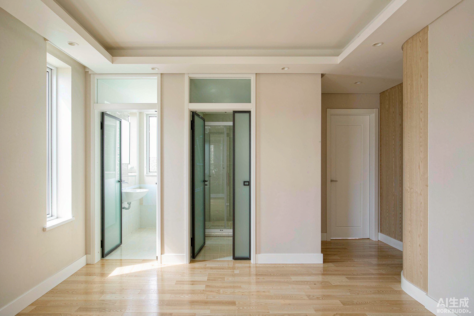Interior doors for houses in China - aluminium glazed interior glass door and solid panel door installed in a residential hallway