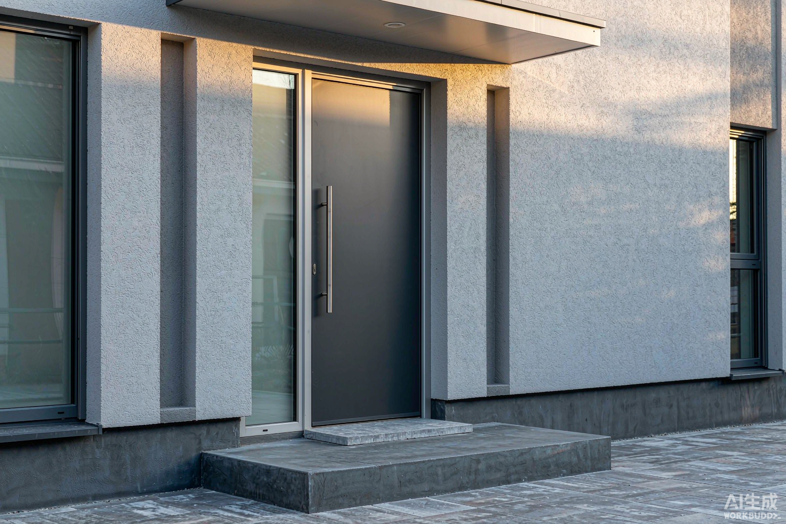 Oversized aluminium pivot door on a modern residential facade in China - offset vertical pivot axis, full-height double glazing, flush stone threshold
