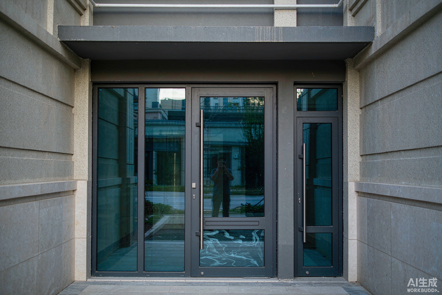 Aluminium puertas de exterior installed at a residential entrance in China - thermal break entry door with sidelight, powder coated frame and flush threshold