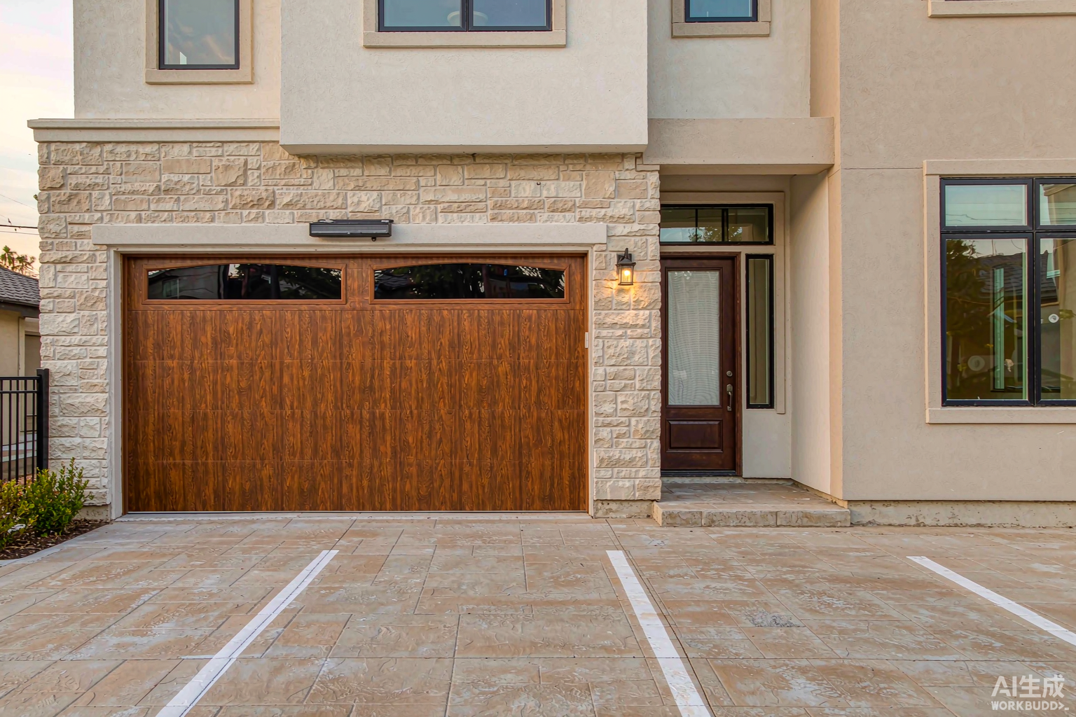 Wood garage door with woodgrain aluminium sectional panels installed on a residential house in China - timber look finish, insulated sandwich panel construction
